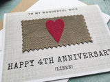 4th anniversary card for husband or wife, linen anniversary card for 4 years married