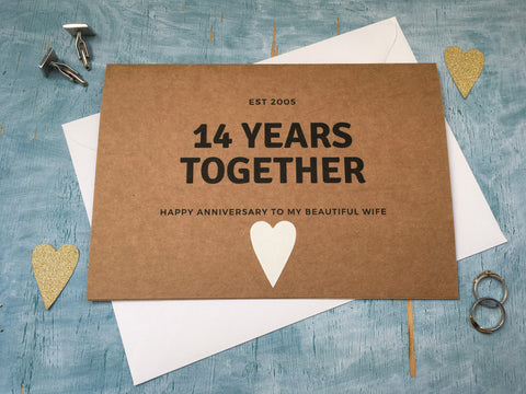 Personalised or custom 14th wedding anniversary card with ivory coloured card heart for 14 years together - Ivory wedding anniversary card