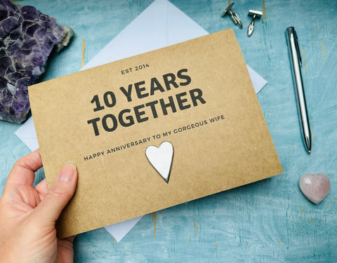 personalised or custom 10th wedding anniversary card with metal heart for 10 years together - tin wedding anniversary card