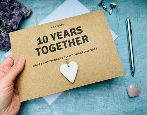 personalised or custom 10th wedding anniversary card with white clay heart for 10 years together