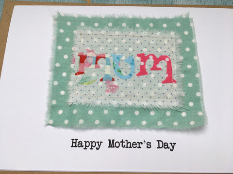 handmade Mother's day card, handmade fabric mum applique card, Mothers day card UK handmade