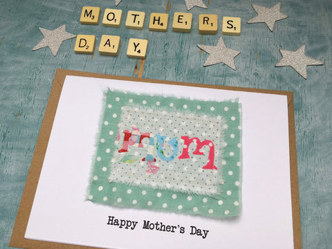 Handmade Mother’s Day card UK, fabric appliqué Mother's day card for a quilter mum, pretty handmade birthday card for mum