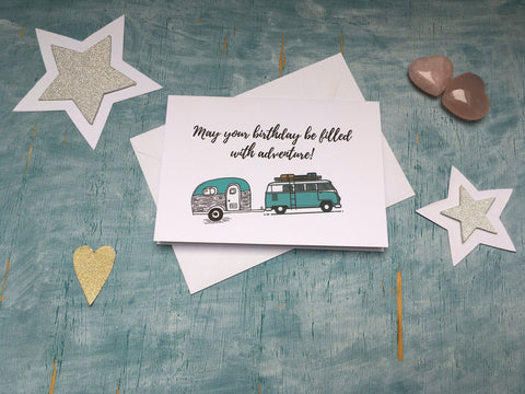 Personalized Camper van birthday card, retro blue campervan card for nephew, may your birthday be filled with adventure campervan card