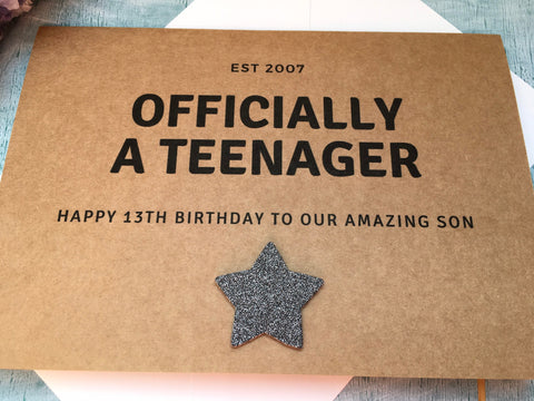 13th birthday card for a boy, officially a teenager, thirteen card for son or nephew turning 13 (non personalised card)