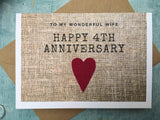 Printed 4th anniversary card for husband or wife with linen heart, linen print anniversary card for 4 years married