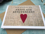 Printed 4th anniversary card for husband or wife with linen heart, linen print anniversary card for 4 years married
