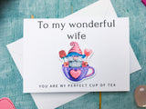 Gnome Anniversary card for wife you’re my perfect cup of tea, cute anniversary card for her gnome in a tea cup
