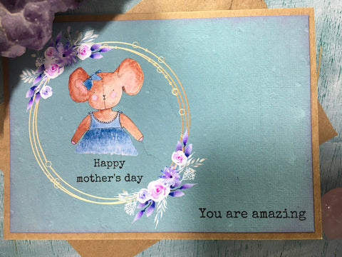 Handmade Mother’s Day card with cute stuffed toy mouse illustration, happy Mother’s Day you are amazing recycled kraft card, card for mum