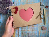 A5 kraft scrapbook with heart aperture and raspberry red pages for decorating 5 x 8 inches - seconds sale