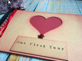 Our first year scrapbook album with heart aperture rose and red pages, one year anniversary gift for boyfriend or girlfriend