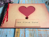 Our first year scrapbook album with heart aperture rose and red pages, one year anniversary gift for boyfriend or girlfriend
