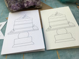 set of 8 colour me in cake birthday cards, sustainable celebration cards to color for birthday or weddings, DIY party invitations cakes