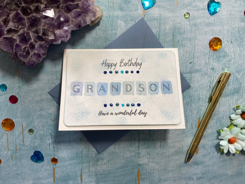 Handmade hand painted happy birthday card for a grandson in shades of blue