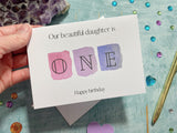 Our beautiful daughter is one, watercolour printed birthday card for one year old daughter