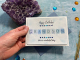 Handmade hand painted happy birthday card for a grandson in shades of blue