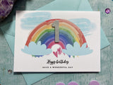 Rainbow first birthday card, pretty rainbow one card