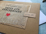 4th anniversary card for husband or wife, linen anniversary card for 4 years married personalised with wedding date