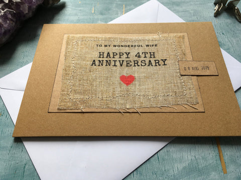 4th anniversary card for husband or wife, linen anniversary card for 4 years married personalised with wedding date