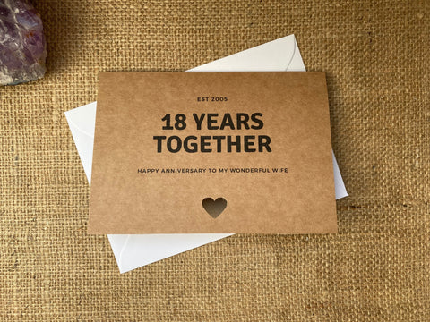 Recycled A6 18th anniversary card, 18 years together, 18th wedding anniversary card, established 2005 year married est 2005