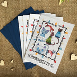 Pack of 4 Christmas cards cats in Xmas jumpers illustrated printed cards with blue envelopes