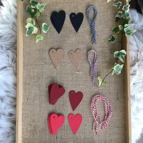 Recycled eco friendly die cut heart tags made from red black or brown kraft card and bakers twine