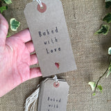 baked with love kraft card tags, vintage style luggage labels for rustic homemade diy Christmas gifts, handmade price tags