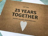personalised or custom 25th wedding anniversary card with silver glitter heart for 25 years together - silver wedding anniversary card
