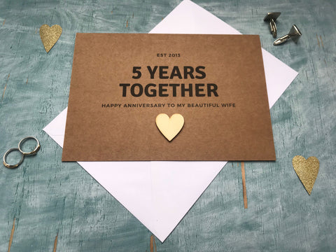 personalised or custom 5th wedding anniversary card with wooden heart for 5 years together - wood wedding anniversary card