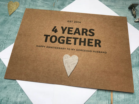 personalised or custom 4th wedding anniversary card with linen fabric heart for 4 years together - linen wedding anniversary card