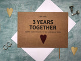 Personalised 3rd anniversary card with faux leather heart for 3 years together, vegan leather heart third wedding anniversary card