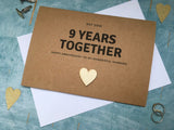 personalised or custom custom 9th wedding anniversary card with wooden heart for 9 years together