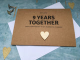 personalised or custom custom 9th wedding anniversary card with wooden heart for 9 years together