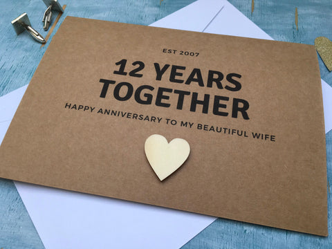 personalised or custom 12th wedding anniversary card with wooden hear for 12 years together