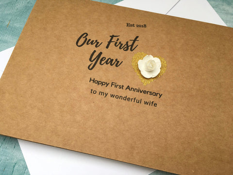 our first year 1st wedding anniversary card with white paper heart - paper wedding anniversary card