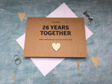 personalised  or custom 26th wedding anniversary card with wooden heart for 26 years together