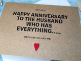 any year funny wedding anniversary card anniversary gift card for a wife husband for the husband who has everything