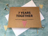 personalised or custom 7th wedding anniversary card with recycled cashmere wool heart for 7 years together - wool wedding anniversary card,