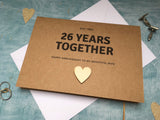 personalised or custom 26th wedding anniversary card with wooden heart for 26 years together