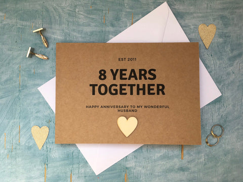 personalised or custom 8th wedding anniversary card with wooden heart for 8 years together