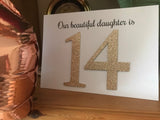 handmade 14th birthday card - our beautiful daughter is 14 with rose gold glitter numbers