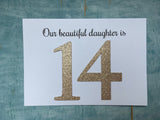 handmade 14th birthday card - our beautiful daughter is 14 with rose gold glitter numbers