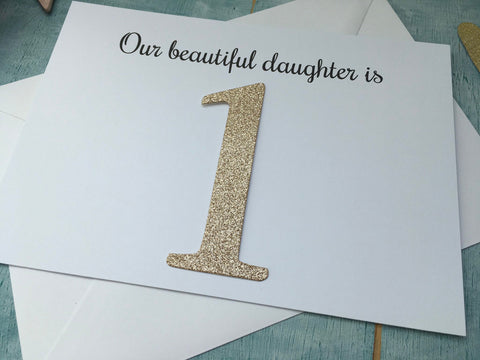 Personalized first birthday card niece, rose gold glitter number age birthday card, one card personalised, first birthday card for a girl