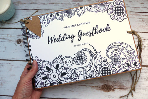 custom wedding guest book, black and white mandala flowers wedding guestbook, personalized wedding guest book