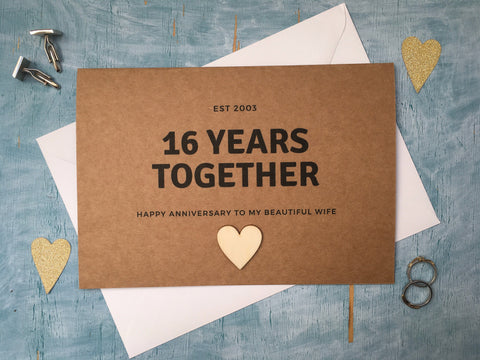 personalised or custom 16th wedding anniversary card with wooden heart for 16 years together