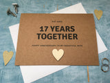 personalised or custom 17th wedding anniversary card with wooden heart for 17 years together