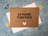 personalised or custom 19th wedding anniversary card with wooden heart for 19 years together