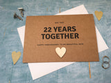 personalised or custom 22nd anniversary card with wooden heart for 22 years together