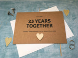 personalised or custom custom 23rd wedding anniversary card with wooden heart for 23 years together