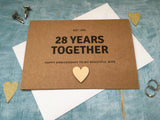 personalised or custom 28th wedding anniversary card with wooden heart for 28 years together