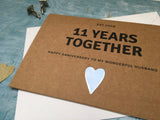 personalised or custom 11th wedding anniversary card with metal heart for 11 years together - steel wedding anniversary card